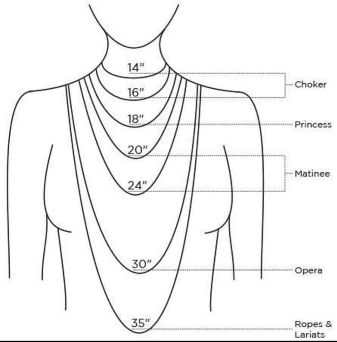 necklace lengths from 14 to 16" choker, 18" princess, 20 to 24" matinee, 30" opera, 35" ropes and lariats, and where they fall on the body necklace lengths from 14 to 16" choker, 18" princess, 20 to 24" matinee, 30" opera, 35" ropes and lariats, and where they fall on the body